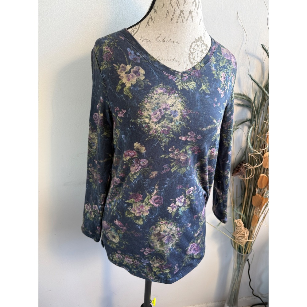 Soft Surroundings Dark Floral V-Neck Long Sleeve Top Blue Purple Petite XS